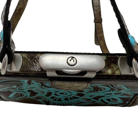 Patricia Nash Gracchi Tooled Leather Brown Teal Frame Satchel Handbag - Picture 6 of 8
